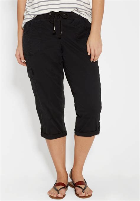 Plus Size Cargo Capri With Ribbed Waistband In Black