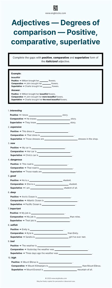 The esl worksheets below offer a great opportunity to reinforce lessons, evaluate comprehension, and work together to answer the questions (for example, you can have the students take turns reading and then pose each question or exercise to the entire class). Adjectives — Degrees of comparison — Positive, comparative ...