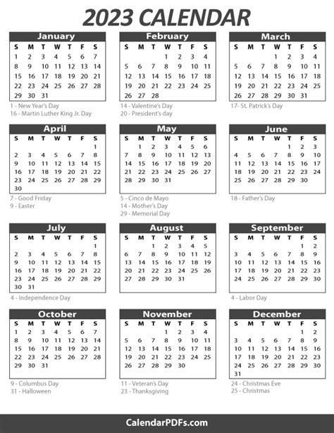 2023 Printable Yearly Holiday Calendar On One Page Download And Print