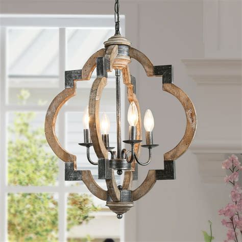 Farmhouse Distressed Wooden Chandelier Light With 4 Lights Kitchen