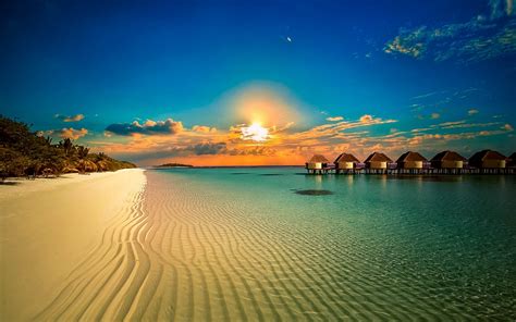 Landscape Nature Beach Resort Palm Trees Sunset Clouds Tropical Sea Sand Island Calm