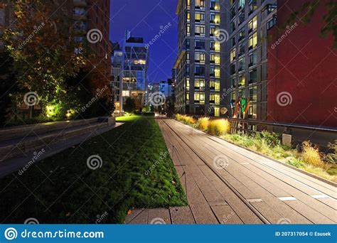 The High Line Promenade Illuminated At Night Chelsea Manhattan New