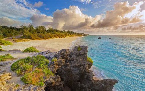 Nature Landscape Beach Bermuda Island Sea Sand Clouds Shrubs Road Rock