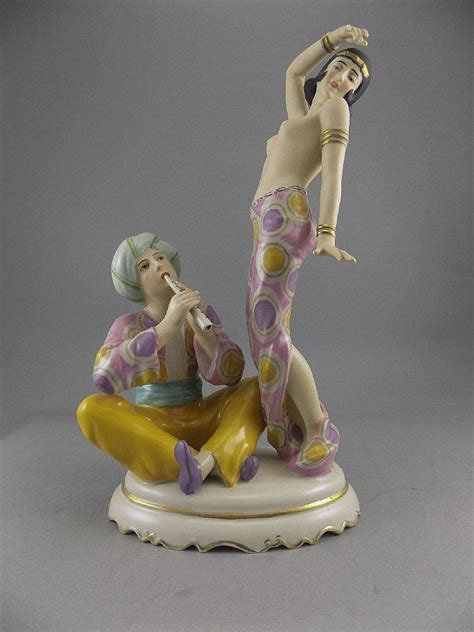 Royal Dux Art Deco Hand Painted Figure Of A Male Snake Charmer And Semi Naked Dancing Female