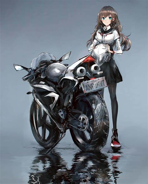 Anime Swav Anime Girls Portrait Display Motorcycle Brunette Aqua Eyes