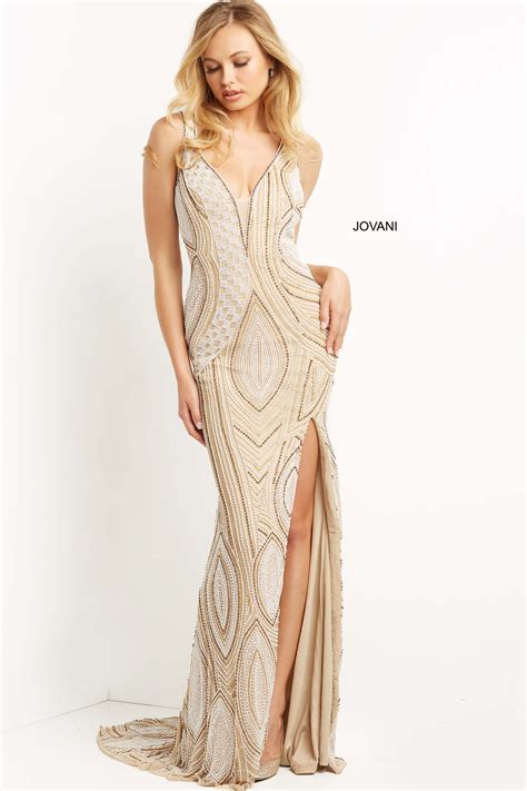 Jovani 08455 Nude Multi High Slit Long Couture Prom Dress