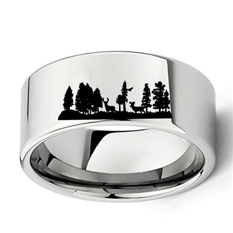 Animal Landscape Scene Deers Ring Engraved Flat Polish Tungsten Carbide Ring 11mm Mens Outdoors Hunting Wedding 