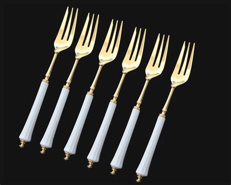 6x Hanseat Cake Forks 24k Gold Plated With Porcelain Handles Etsy