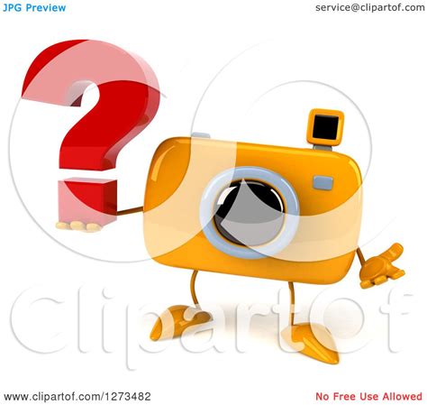 Clipart Of A 3d Camera Character Shrugging And Holding A Question Mark