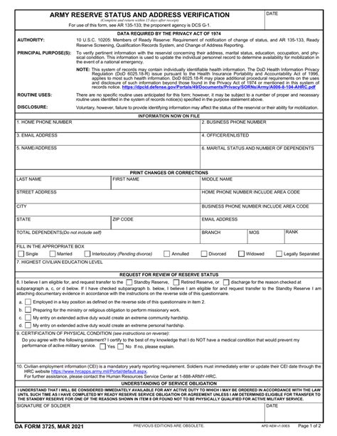 Da Form 3725 Download Fillable Pdf Or Fill Online Army Reserve Status