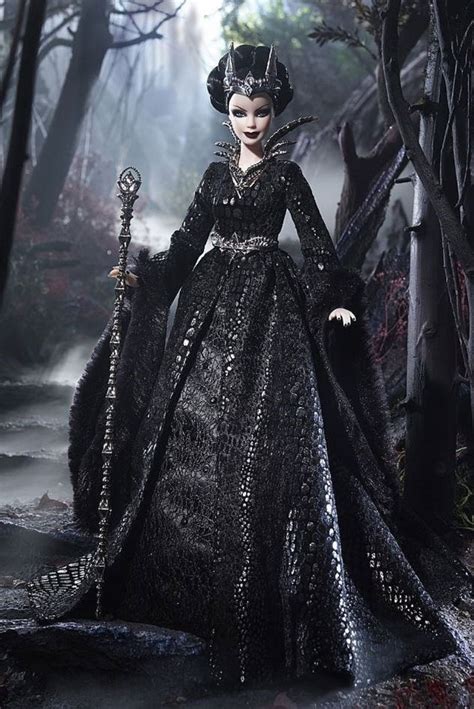 A Woman Dressed In Black And White Is Walking Through The Woods With An Elaborate Dress