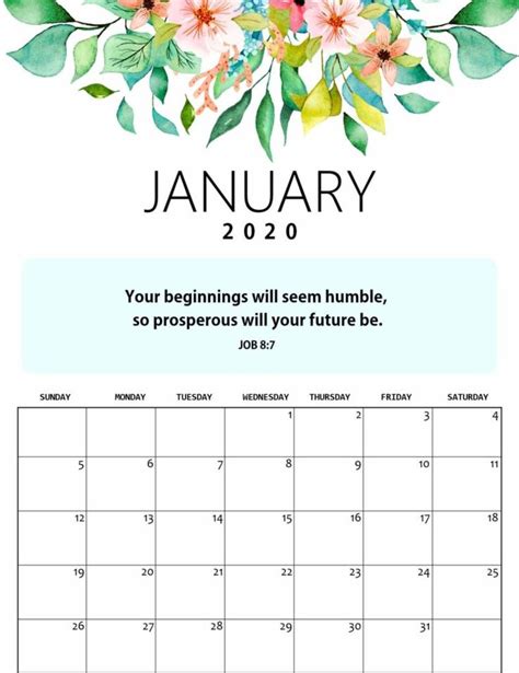 Cute January 2020 Calendar Free Printable Template Printable