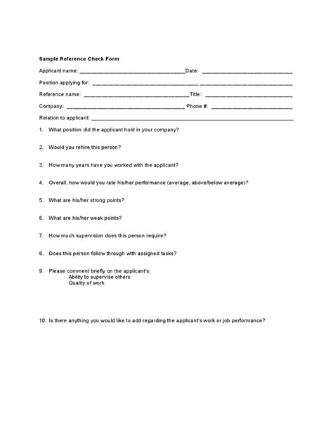 Reference Check Form Template Word