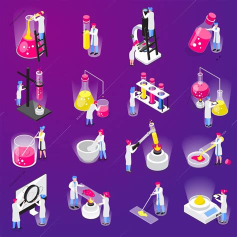 Chemistry Isometric Icons Collection With Sixteen Isolated Images Human