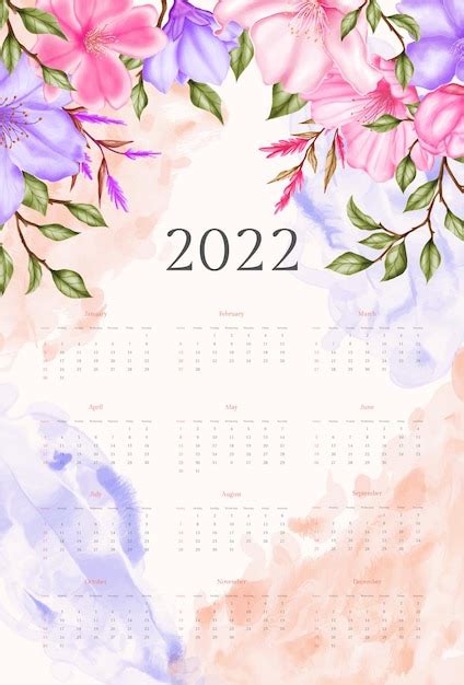 Plantilla De Calendario De Año Nuevo 2022 De Flor De Cerezo En Acuarela
