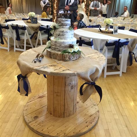 Naked Cake On Large Wooden Spool More Mom Wedding Wedding Pins Southern Wedding Country