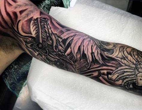 Detailed Black And White Sleeve Tattoo Of Dragon Combined With Flowers