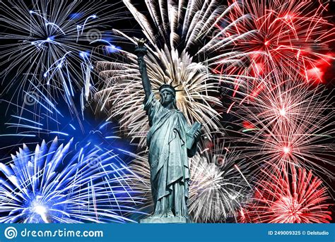 Statue Of Liberty Blue White And Red Fireworks July 4th Celebration In