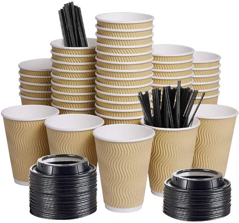 Luckypack 12oz 100 Packs Insulated Kraft Ripple Wall Disposable Paper Coffee Cups For Office