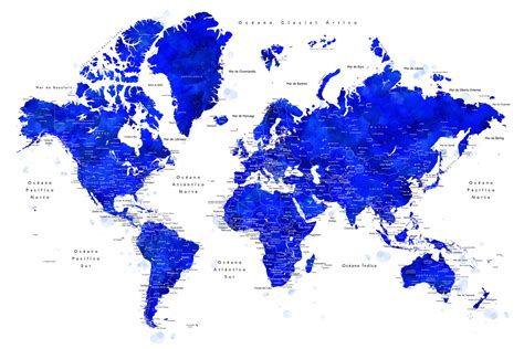 Zemljevid World Map With Labels In Spanish Cobalt Blue Watercolor ǀ