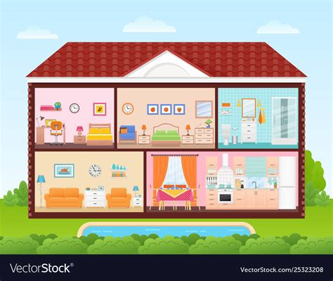 House Inside With Rooms Interiors In Flat Design Vector Image