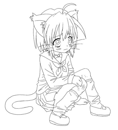 Kitty Girl Line Art Cute Anime Cat Cartoon Coloring
