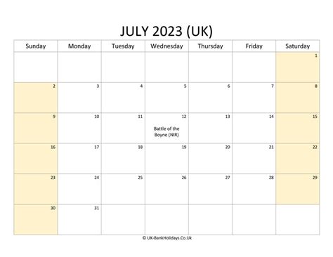 July 2023 Calendar Printable With Bank Holidays Uk