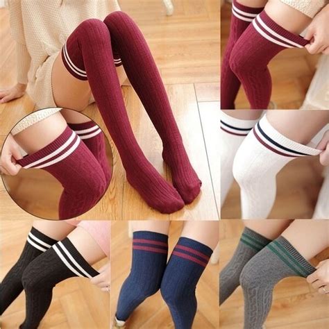Japanese Style Girl Long Socks Navy Three Stripe Cotton Over Knee Thigh High Stockings Adairx