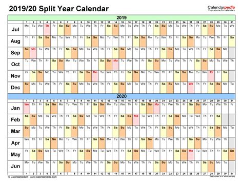 Split Year Calendars 20192020 July To June Excel Templates