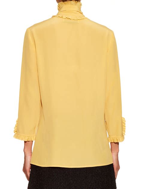Gucci High Neck Ruffled Silk Crepe Blouse In Light Yellow Yellow Lyst