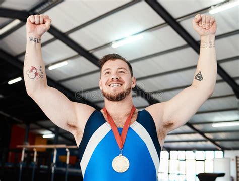 Man Medal Celebration And Winner With Smile Indoor Sports Or Hands In
