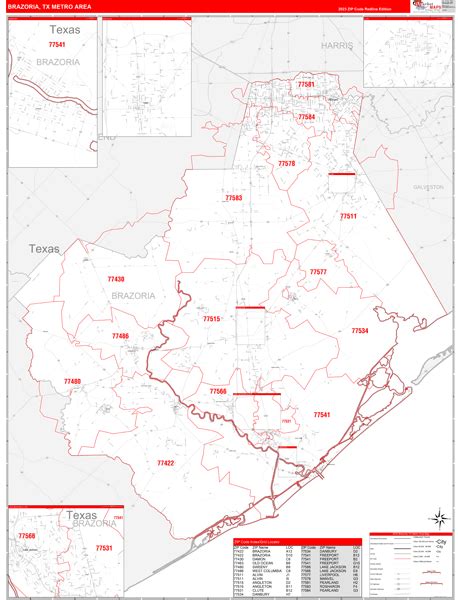 Brazoria Tx Metro Area Zip Code Wall Map Red Line Style By Marketmaps