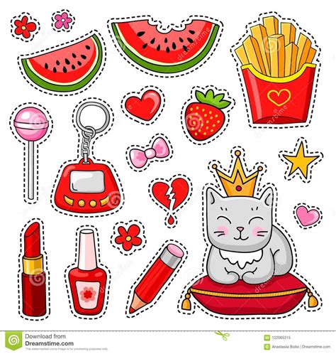 Set Of Cute Hand Drawn Colorful Stickers And Pins In Cartoon Style