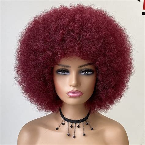 70s Afro Wigs For Black Women Big Afro Puff Wig With Bangs Short Kinky Curly Synthetic Hair
