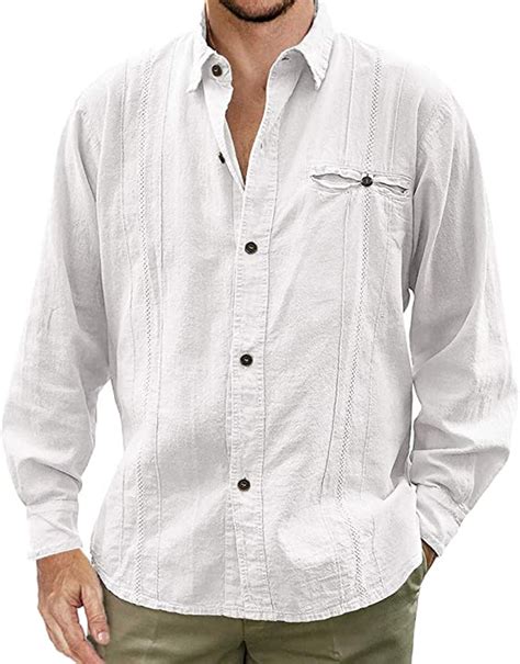 Mens Guayabera Shirt Cuban Linen Long Sleeve Button Down Shirts