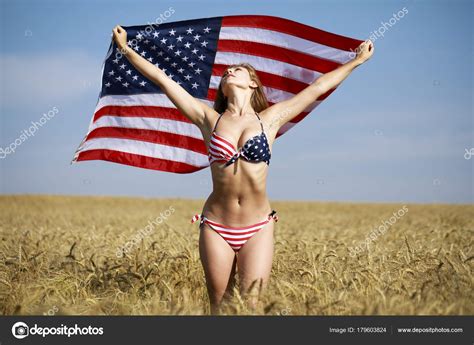 Sexy Woman In Sexy American Flag Bikini In A Wheat Field Stock Photo By