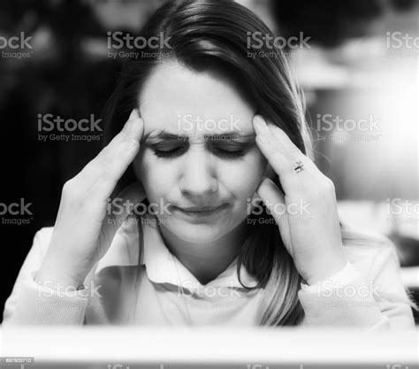 Exhausted Woman Whitecollar Worker Using Computer Rubs Her Aching Head