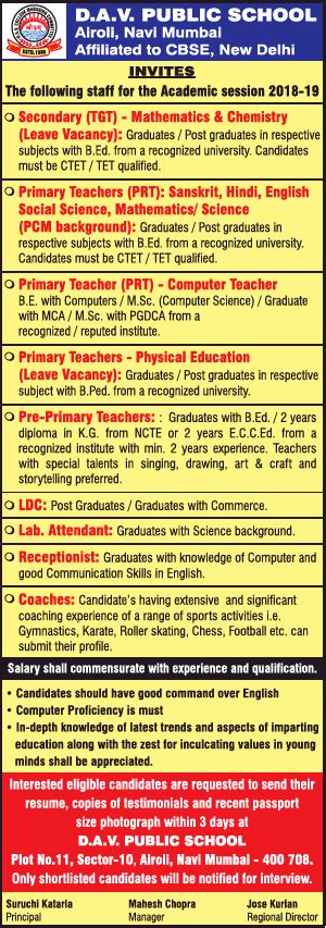 D A V Public School Invites The Following Staff For The Academic