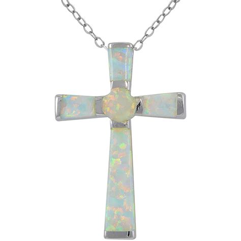 Created White Opal Sterling Silver Cross Necklace 18