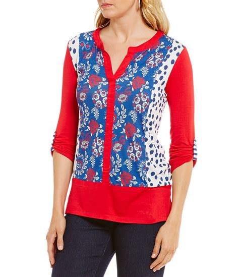 Multiples Roll Tab Sleeve Collar Print And Solid Knit Top Dillards