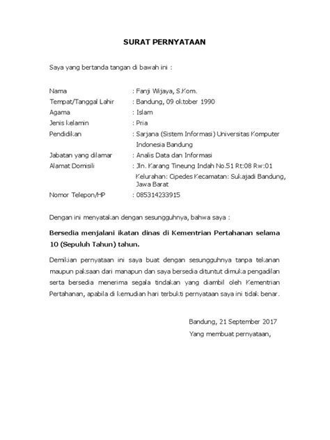 Jika dikemudian hari ditemukan bukti bahwa pernyataan ini tidak benar, saya bersedia. Contoh Surat Pernyataan Bersedia Menjalani Ikatan Dinas ...