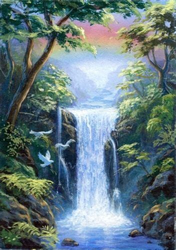Aceo Original Painting Landscape Waterfall Rainbow Birds