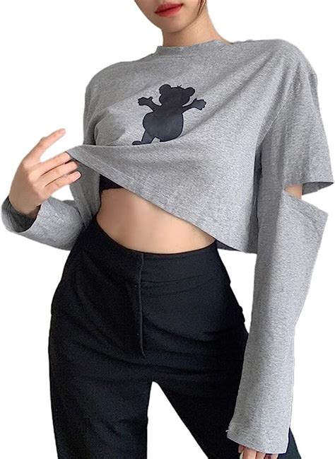 Women Sexy Crop Top Bear Graphic Printed Cutout Long Sleeve Round Neck