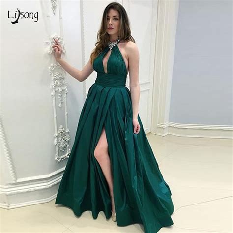 2019 Sexy Emerald Green Long Prom Dresses High Side Split A Line Prom Gowns Halter Sparkle