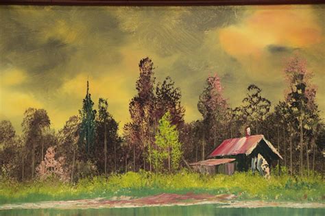 Bill Alexander Oil Painting Of Lakeside Cabin Late 20th Century Ebth