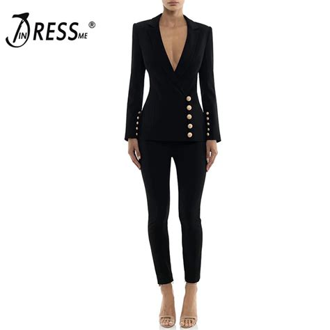 INDRESSME 2019 Fashion V Neck Sexy Business Pant Suits Set Blazers