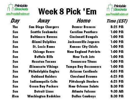 Nfl Pick Em Week 8 Pro Football Pick Em Week 8