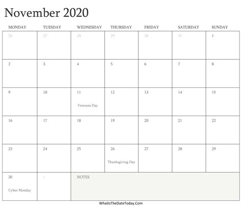 Editable Calendar November 2020 With Holidays Whatisthedatetodaycom