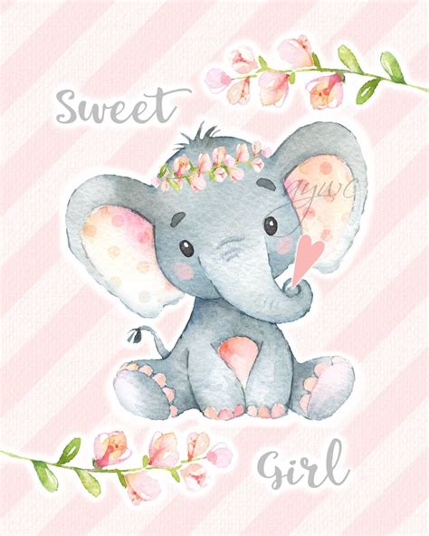 Sweet Girl Elephant Wall Art Watercolor Elephant Wall