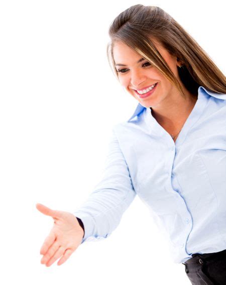 Business Woman With Hand Extended To Handshake Isolated Ove White